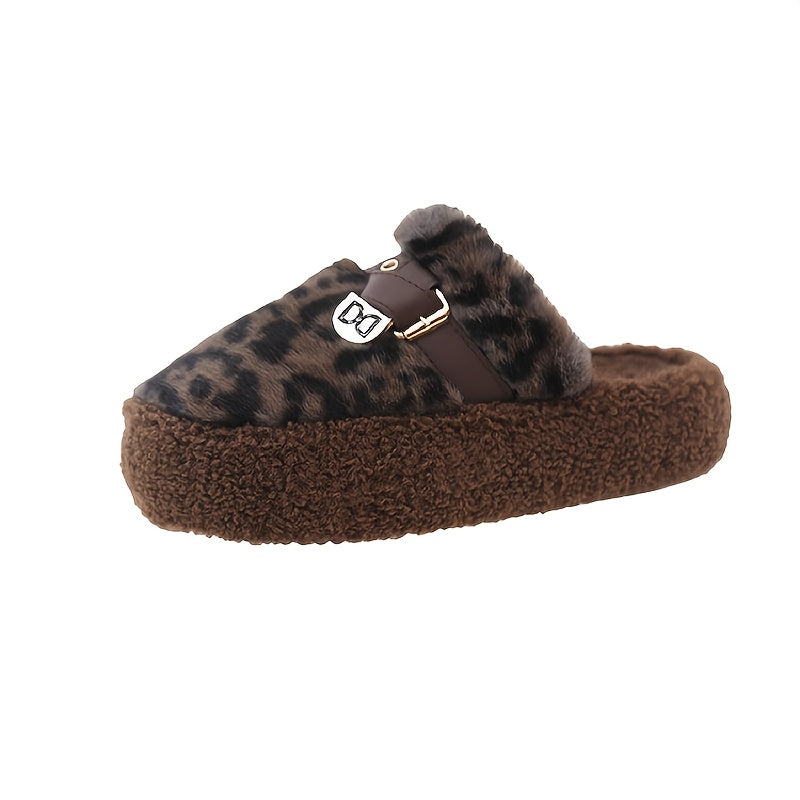 Women's Stylish Leopard Print Plush Slippers with Buckle Strap - Cozy Faux Fur-Lined Winter House Shoes, Soft Brown & Black Patterned Design, Thick Rubber Sole for Indoor Comfort, Seasonal Wear | Fashionable Footwear | Rubber